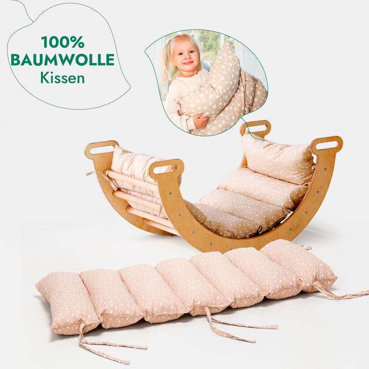 4in1 Montessori Klettergerüst Set: Kletterdreieck mit Rutsche, Kletterbogen mit Kissen, für Kinder 1-7 Jahre – Beige