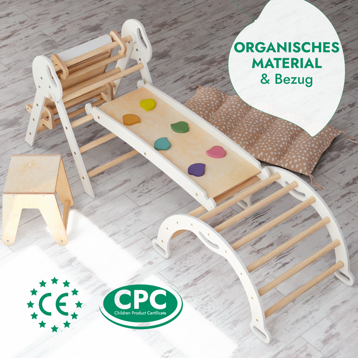 4in1 Montessori Climbing Set: Pikler Triangle, Arch, Slide Board, and Cushion for Toddlers (1–3 Years)