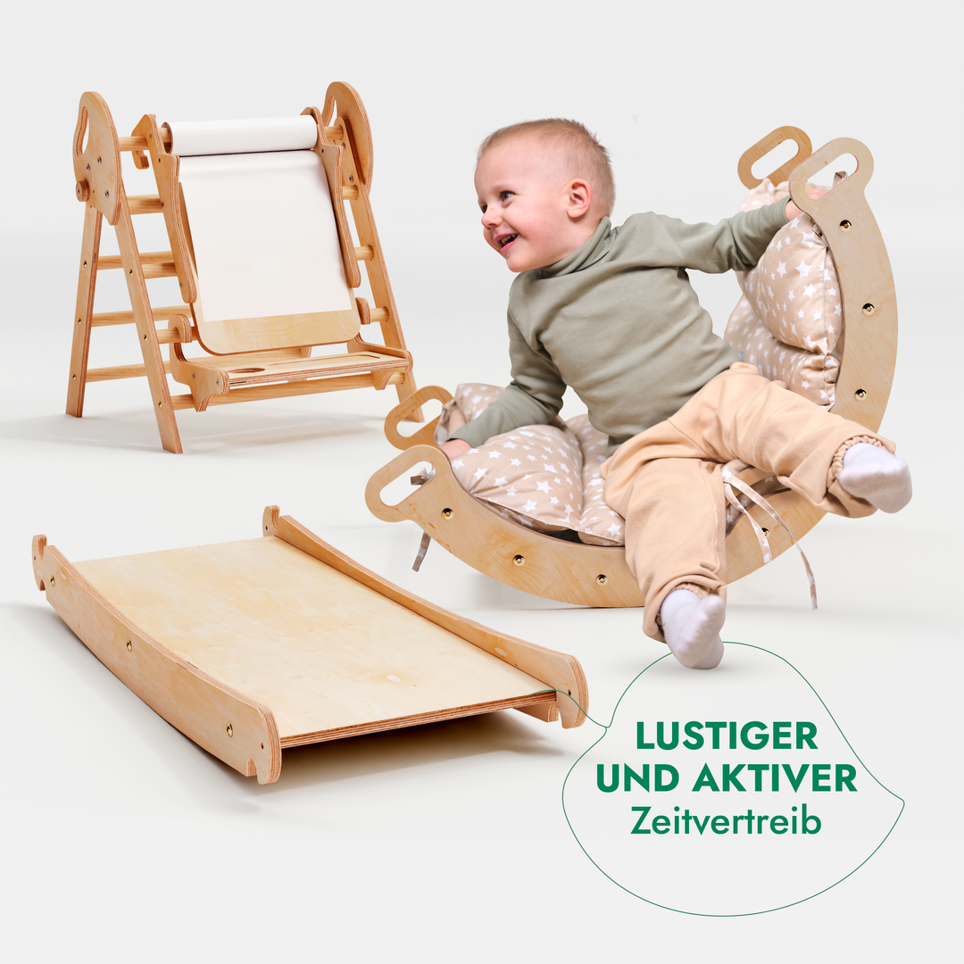 4in1 Montessori Climbing Set: Pikler Triangle, Arch, Slide Board, and Cushion for Toddlers (1–3 Years)