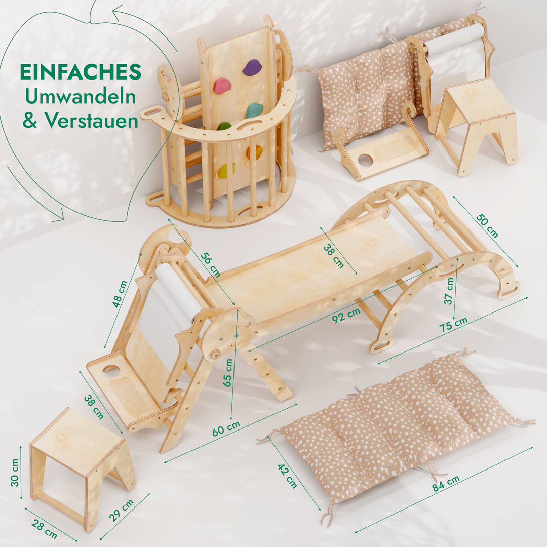 4in1 Montessori Climbing Set: Pikler Triangle, Arch, Slide Board, and Cushion for Toddlers (1–3 Years)