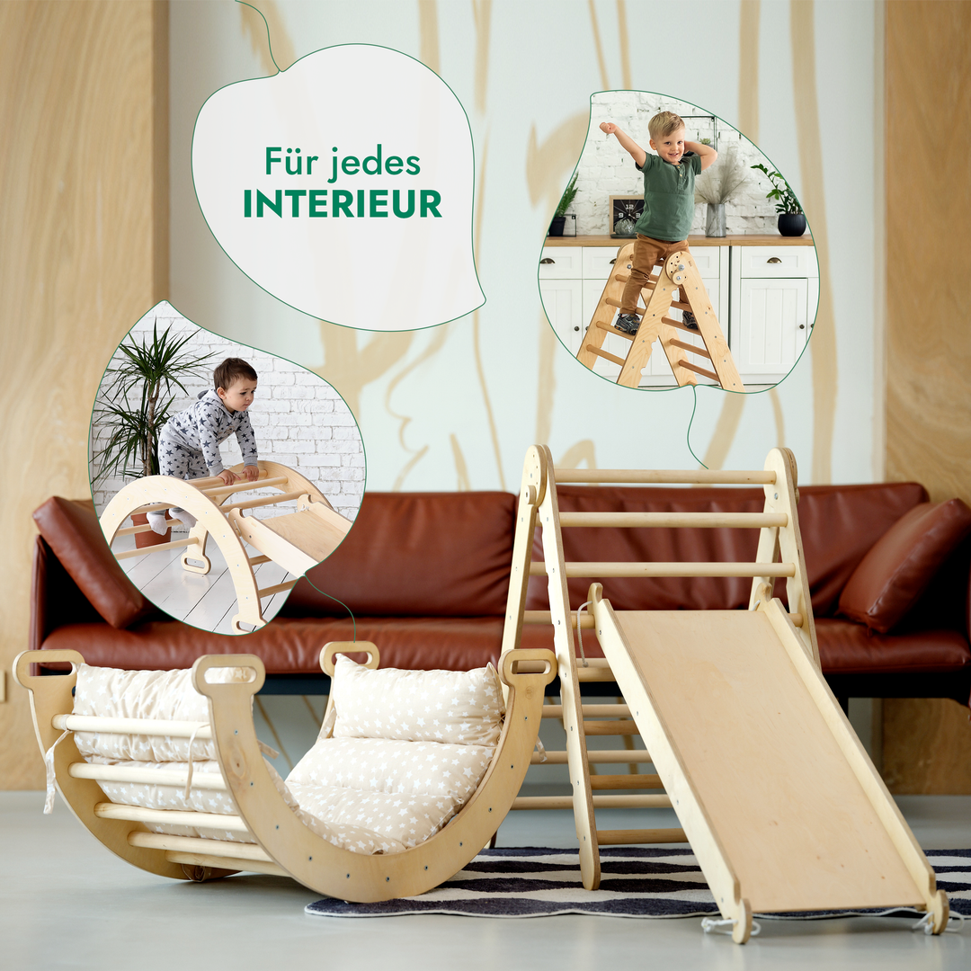 4in1 Montessori Klettergerüst Set: Kletterdreieck mit Rutsche, Kletterbogen mit Kissen, für Kinder 1-7 Jahre – Beige