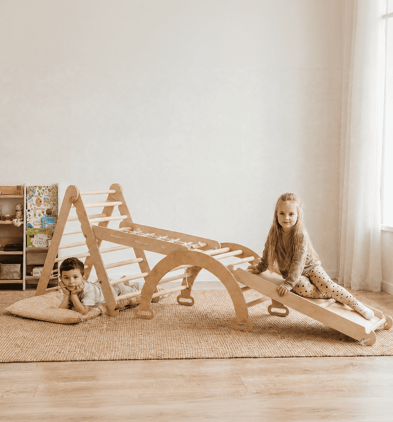 4in1 Montessori Climbing Triangle Set: Climbing Frame for Children + Climbing Arch + Climbing Net + Slide – Indoor Toy for 1-7 Years – Beige